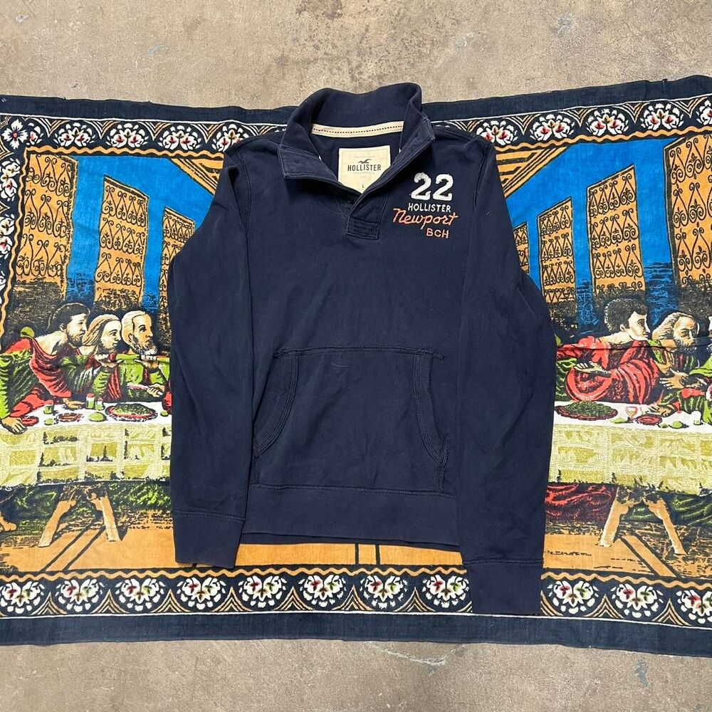 Hollister Men's L Navy Blue Polo Long Sleeve Quarter Zip Embroidered Surf Skater